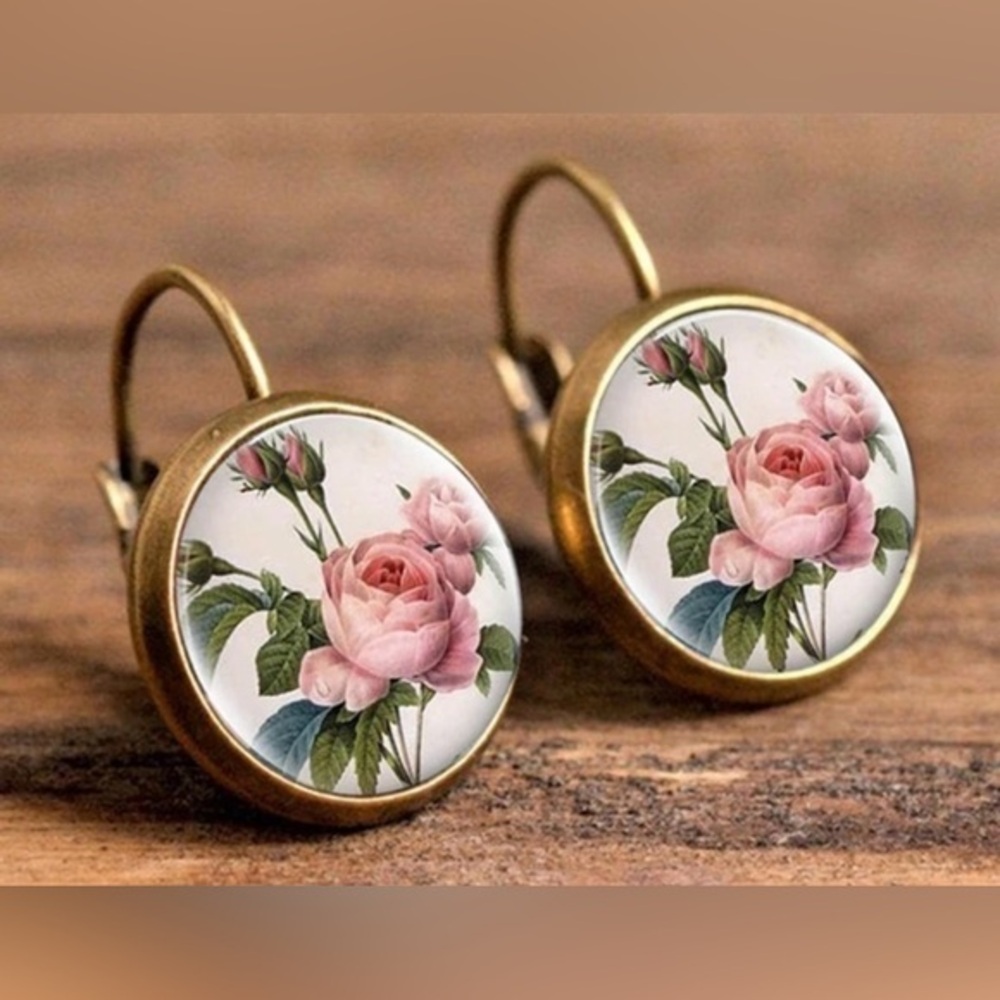 Vintage-Inspired Pink Rose Glass Dome Leverback Earrings